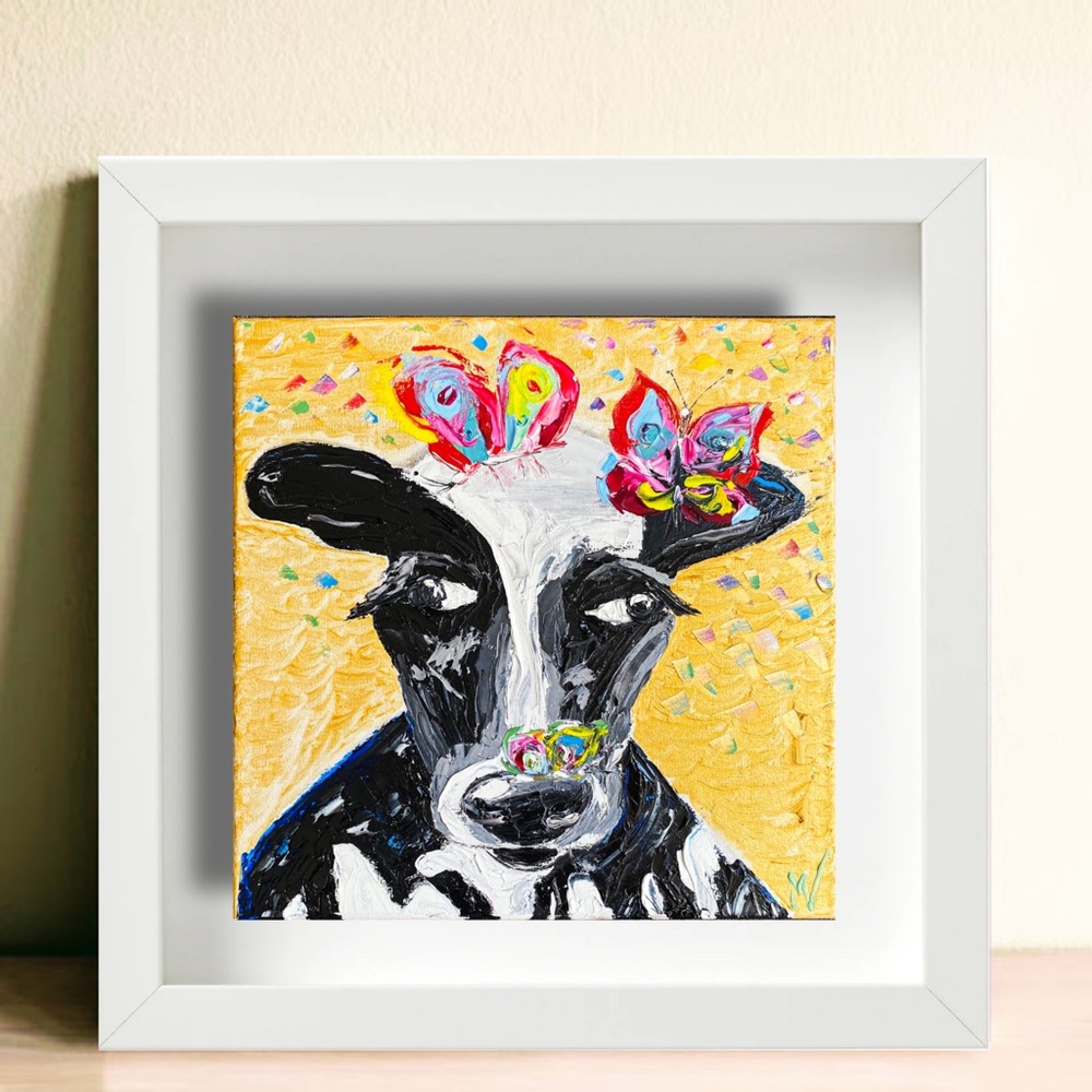 Cow Wall Art Butterflies Painting Original Canvas - Picture 7 of 13